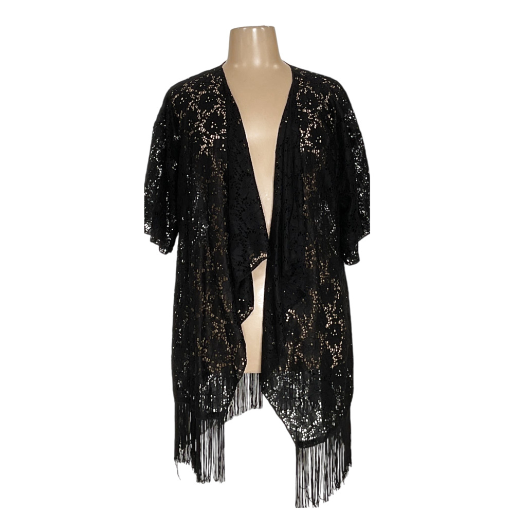Black Lace Open-front Kimono with Fringe